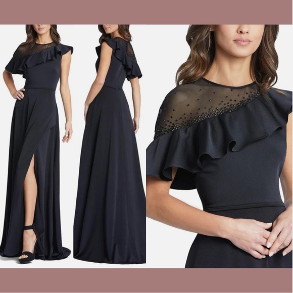 NWT $398 IEENA Mac Duggal [ 4 ] Asymmetric Beaded A-Line Gown‎ in Black #G1466 - Picture 1 of 16